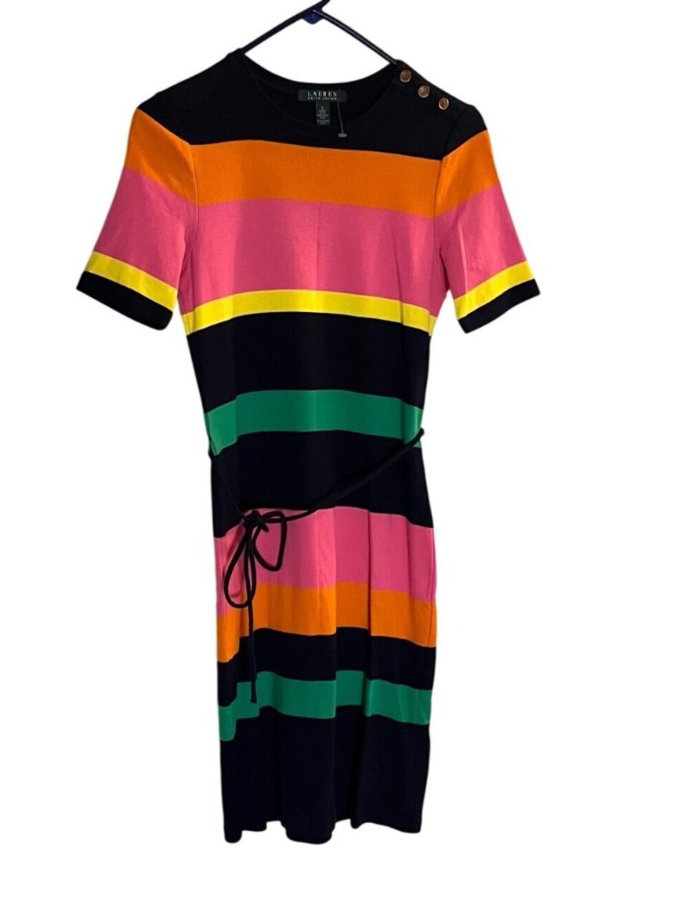 Lauren Ralph Lauren Multicolor Striped Knit Dress S Cotton Belted Short Sleeve